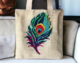 Peacock Feather Eye Organic Tote Bag - Indian Peacock Knit Bag - Eco Friendly Shopping Bag - Indian Shoulder Bag - Gift for Her
