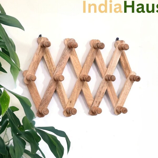 Verstellbare Holz Wandaufhänger mit 13 Haken - Klappbare Wandhaken - Kreative Holzhaken Wand montiert - Kleiderhaken - Garderobe - Wanddekor