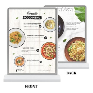 May include: A double-sided restaurant menu with a white base. The front displays the "Borcelle Food Menu" with spaghetti, pizza, and macaroni dishes. The back shows rice bowls. The menu is in a clear plastic frame.