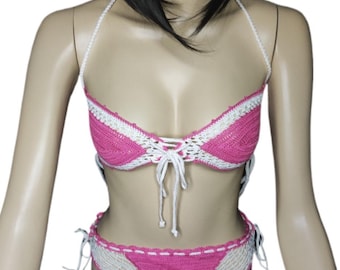 Virkad bikini, rosa och vit, storlek DE 36-38, ren ull