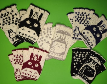 Half finger gloves owl motif size M Various colors Handmade merino wool