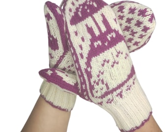 Mittens with owl motif in various colours. Women's size XS. Hand-knitted from virgin wool.