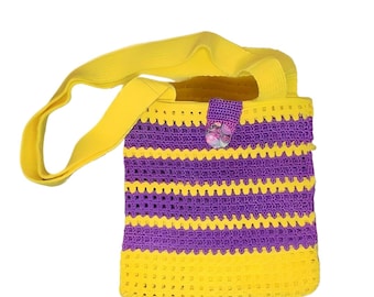 Modern crochet bag Reusable Yellow Purple Cool look Sustainable Handmade from virgin wool
