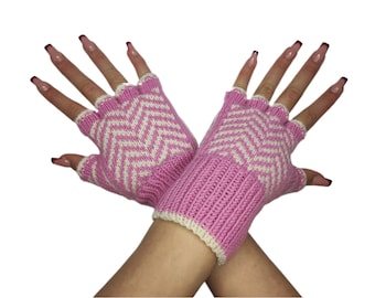 Halvfingerhandskar, vågmönster, rosa och vita, storlek M, handgjorda