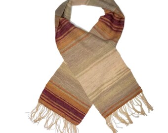 Woven fringed scarf for spring fall brown tones Handmade from virgin wool