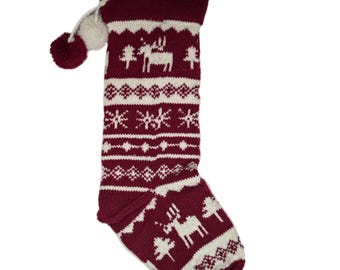Christmas stocking decoration moose pattern red white with cord Handmade from virgin wool