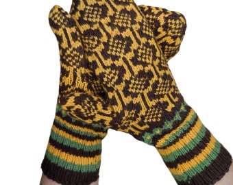 Mittens Muhu Yellow Brown Light green Women's size M Handmade Virgin wool Rare unique piece Cozy Warm