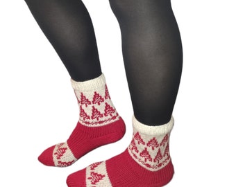 Winter socks with Christmas tree motif, EU 39 US 6.5, two colors, handmade