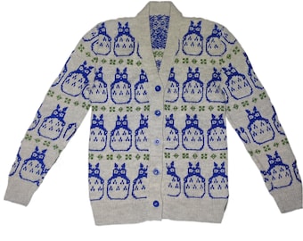 Cardigan Owl pattern Unisex Grey Blue Green Men's size M Absolutely unique Handmade from virgin wool