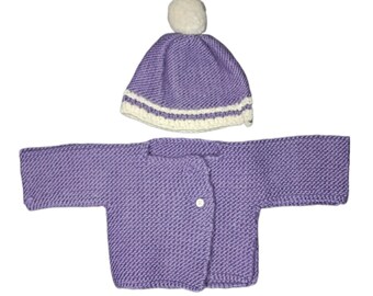 Newborn set bobble hat and jacket navy blue Handmade from virgin wool