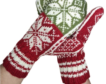 Mittens with an elaborate motif of Selbu stars in red, green and white. Women's size L. Handmade from virgin wool.