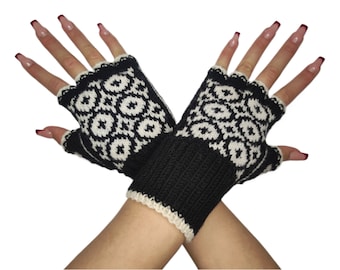Halbfingerhandschuhe Schwarz Weiß Größe S - M Handgefertigt Schurwolle