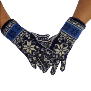 Gloves Selbu pattern Navy Blue White Women&#39;s size M and L Handmade
