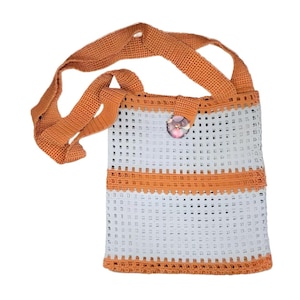 Sac au crochet moderne réutilisable lilas orange look cool durable fait à la main à partir de laine vierge