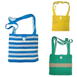 Bolso moderno de ganchillo, reutilizable, varios colores, estilo desenfadado, sostenible, hecho a mano con lana virgen.