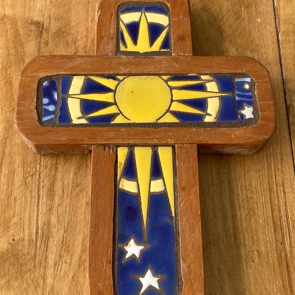 vintage New Mexico handmade, signed tile sun cross wall hanging