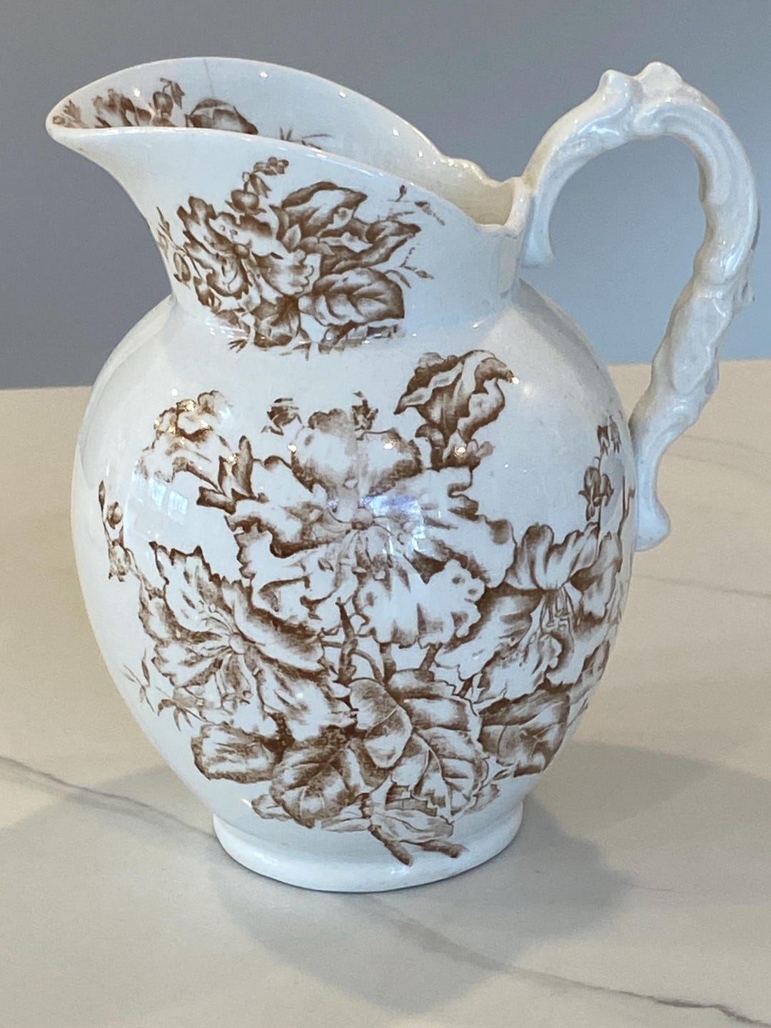 Antique La Belle China Pitcher and Covered Dish – Brown Floral