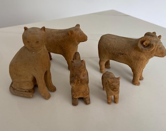 set of 5 vintage hand carved wood animals, primitive