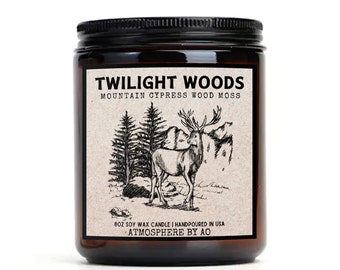 Twilight Woods Classic Candle, Bookish Gift, Forks WA Forest, bookish and literary candles, 8oz amber jar candles, Scented Soy Candle