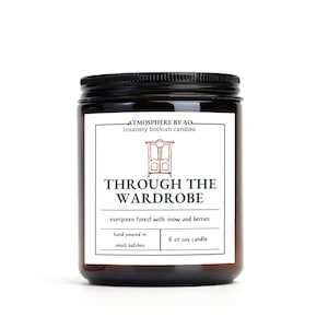THROUGH THE WARDROBE Book Inspired 100% Soy Wax Vegan Candle, Book Nerds, Book Lover Candle, Amber Jar 8oz Candle , Scented Soy Candle