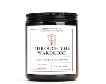 THROUGH THE WARDROBE Soy Candle, Book Nerds, Bookish Candle, Amber Jar 8oz Candle , Scented Soy Candle, fantasy inspired, bookworm gifts