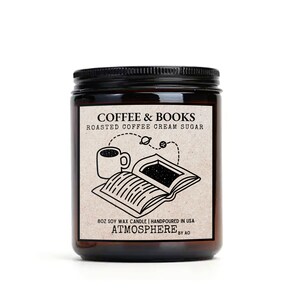 Coffee and Books Book Inspired 100% Soy Wax Vegan Candle, Book Nerds, Book Lover Candle, Amber Jar 8oz Candle, Coffee Scented Soy Candle
