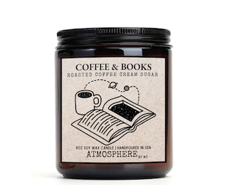 Coffee and Books Book Inspired 100% Soy Wax Vegan Candle, Book Nerds, Bookish Candle, Amber Jar 8oz Candle, Coffee Scented Soy Candle