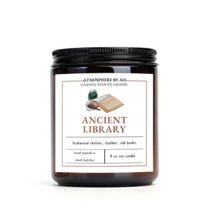 Ancient Library Book Inspired 100% Soy Vegan Candle, Book Lover scented soy candle, teakwood leather and old books scented candle