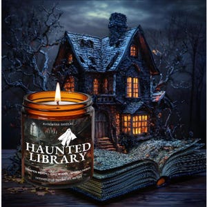 Haunted Library Soy Candle, spooky candle, halloween candle, halloween decor, gifts for readers, book lovers gifts, cinnamon brooms, bookish