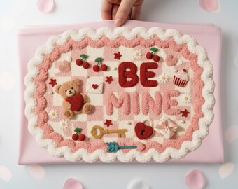 Hilo de gancho de pestillo "Sé mío" PNG, diseño de peluche 3D para San Valentín, lazo coqueto con aspecto de cereza bordada