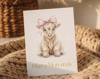 Paquete de tarjetas navideñas rosas: Vaca coqueta en acuarela y camión (plantilla de Canva)