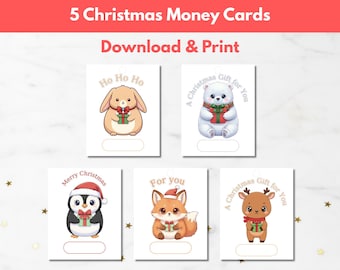 Juego de 5 tarjetas navideñas imprimibles con dinero / Regalo navideño en efectivo para niños / Plantilla en PDF y Canva editable