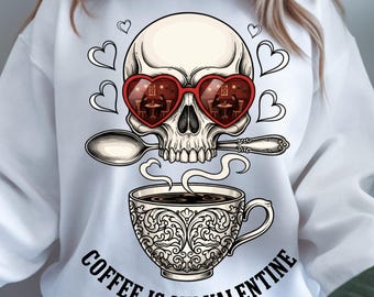 Esqueleto de San Valentín con café PNG – Diseño de calavera con gafas y corazón (descarga digital)