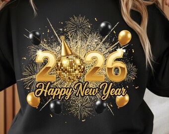 Feliz Año Nuevo 2026 PNG, Diseño de camiseta de Año Nuevo con bola de discoteca, Sublimación de celebración de oro de lujo 2026, Descarga instantánea PNG para fiesta de fin de año