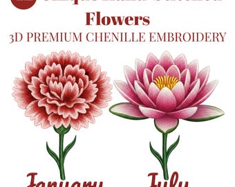 Paquete de flores PNG de 12 meses de nacimiento, diseños con apariencia de bordado de chenilla abullonada en 3D, conjunto floral realista cosido a mano, descarga digital.