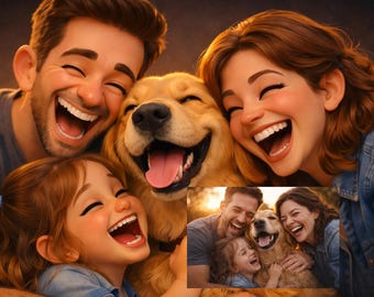 Retrato de caricatura 3D personalizado: Familia, pareja y mascota (descarga digital)