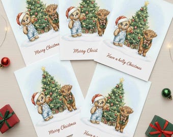 Tarjetas navideñas de vaca y oso de peluche de las Tierras Altas - Conjunto festivo de acuarela (descarga digital)