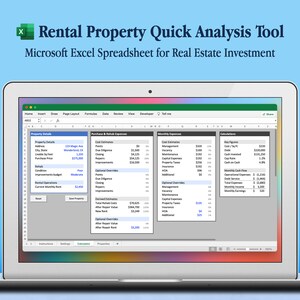May include: A laptop displays a Microsoft Excel spreadsheet titled "Rental Property Quick Analysis Tool." The screen shows data fields for property details, expenses, and calculations, designed for real estate investment analysis. The background is a gradient blue.