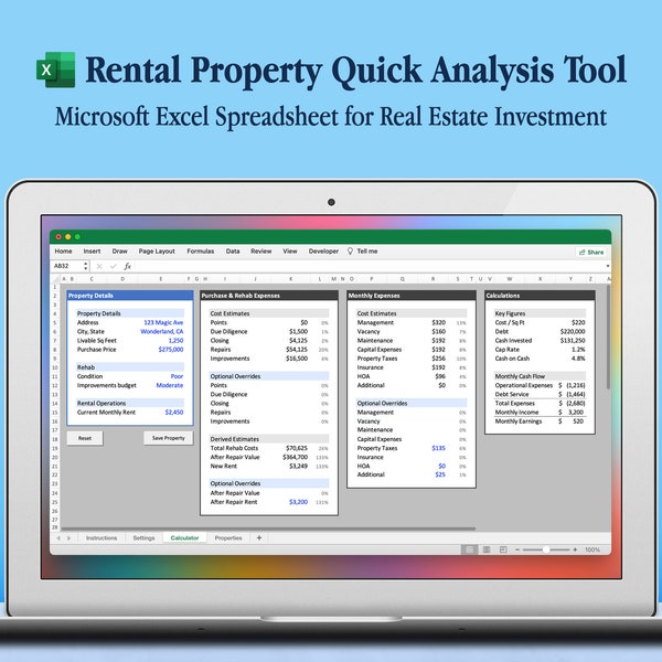 Outil d'analyse rapide des propriétés locatives : modèle de calcul de feuille de calcul Excel avec retour sur investissement de l'investissement immobilier, taux de capitalisation, liquidités, flux de trésorerie