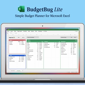 Könnte beinhalten: Ein Screenshot eines Laptops, auf dem eine Tabellenkalkulation mit dem Titel "BudgetBug Lite: Einfacher Budgetplaner für Microsoft Excel" angezeigt wird. Die Tabellenkalkulation ist in vier Abschnitte unterteilt: Einnahmen, Ausgaben, Prioritäten und Diskretionär. Jeder Abschnitt hat Spalten für Artikel, Betrag und Häufigkeit.