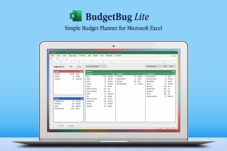 May include: A screenshot of a laptop displaying a spreadsheet with the title "BudgetBug Lite: Simple Budget Planner for Microsoft Excel". The spreadsheet is divided into four sections: Income, Expenses, Priorities, and Discretionary. Each section has columns for item, amount, and frequency.