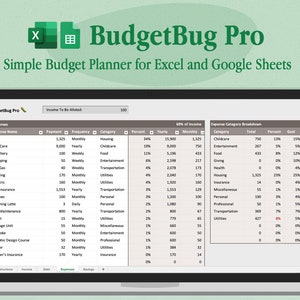 May include: A laptop screen displays a budget planner titled "BudgetBug Pro." The spreadsheet shows expense categories like housing, food, and utilities, with corresponding payment amounts and percentages. The software is designed for Excel and Google Sheets.