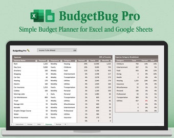 BudgetBug Pro Budget Planner: Excel & Google Sheets Personal Finance Budgeting Tracker Spreadsheet Template (Income Debt Expenses Savings)