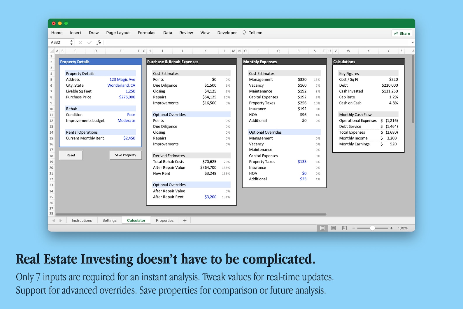 Property Excel Design Rental Property Quick Analysis Tool: Excel Spreadsheet Calculator ...