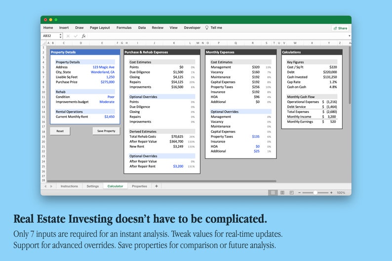 Rental Property Quick Analysis Tool: Excel Spreadsheet Calculator Template W/ Real Estate ...