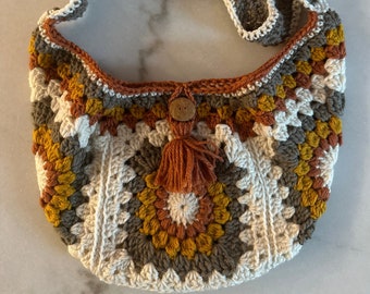 Sunburst Granny Square crossbody shoulder bag, Bohemian charm and whimsy, button close, purse, tote, market bag