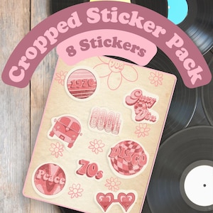 May include: A pink and white sticker pack with 8 retro-themed stickers. The stickers feature designs like "Groovy Vibes", "Disco", "Peace", "70s", and "Cool".