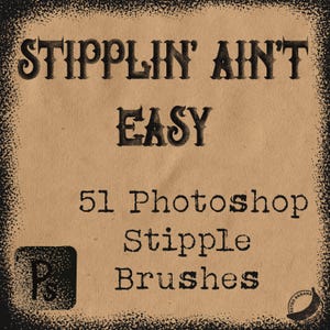 Op de afbeelding: Een bruine papieren achtergrond met zwarte tekst die "Stipplin' Ain't Easy" en "51 Photoshop Stipple Brushes" luidt. De tekst is in een vintage typemachine-lettertype. In de linkerbenedenhoek van de afbeelding bevindt zich een klein zwart vierkant met een "P" erin.