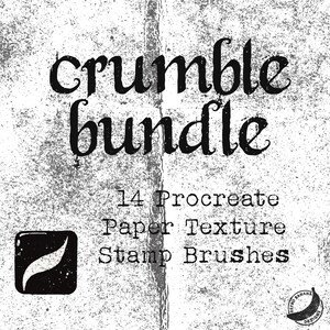 May include: A black and white image with a grunge texture. The text "crumble bundle" is written in a large, stylized font. Below the text, it says "14 Procreate Paper Texture Stamp Brushes". A small leaf icon is in the bottom left corner.