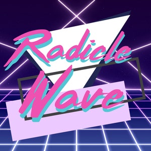 Puede incluir: Un diseño gráfico de estilo retro con el texto "Radicle Wave" en letras rosa y azul sobre un fondo morado con líneas de neón blancas y azules.